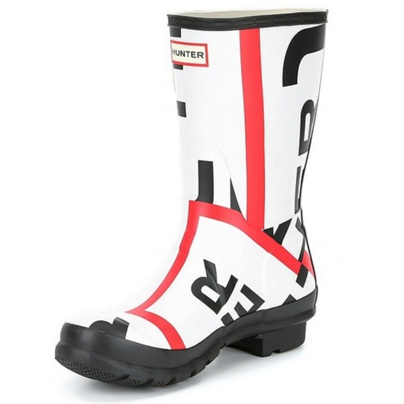 red black and white hunter boots